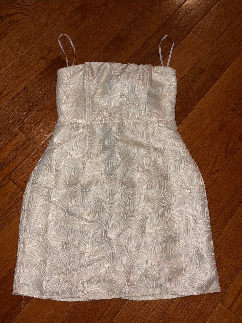 Lulu's White Floral Jacquard Mini Dress with Spaghetti Straps